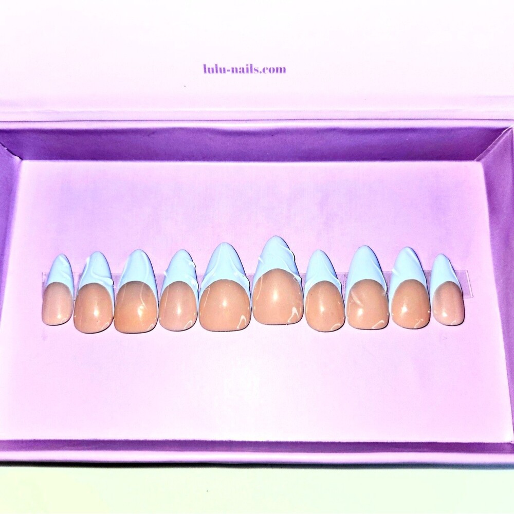 PRESS-ON NAILS Custom-Made Short Almond Blue French Tips Large Size NEW NIB